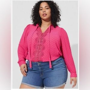 Gauze Clip Dot Ruffle Neck Tie Front Blouse